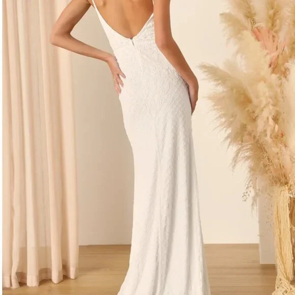 Lulus Cherished Vow White Beaded Backless Mermaid Maxi Dress - Size M - Picture 5 of 8